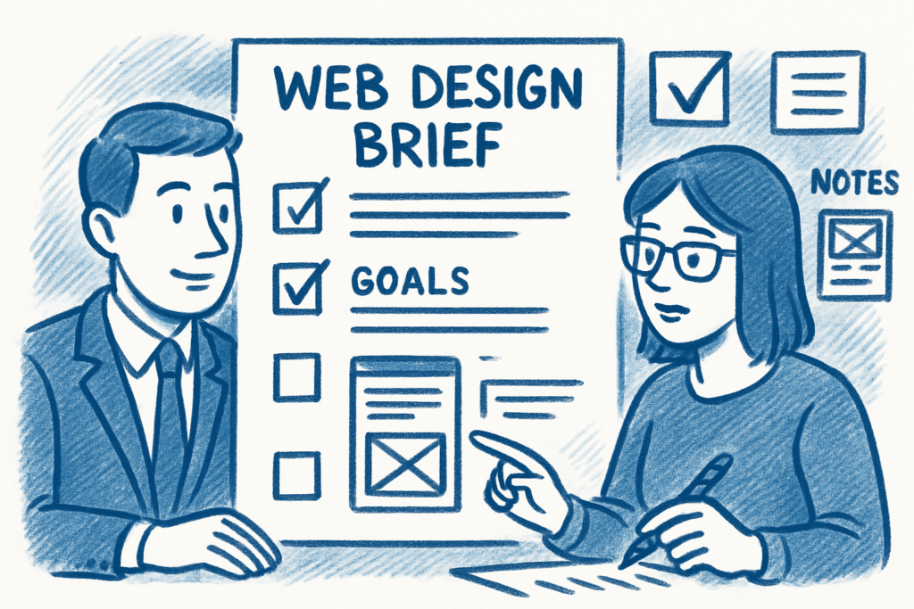 Business owner reviewing web design brief with designer